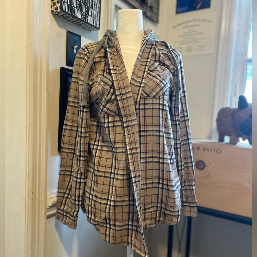 Natural Reflections plaid button up with hood